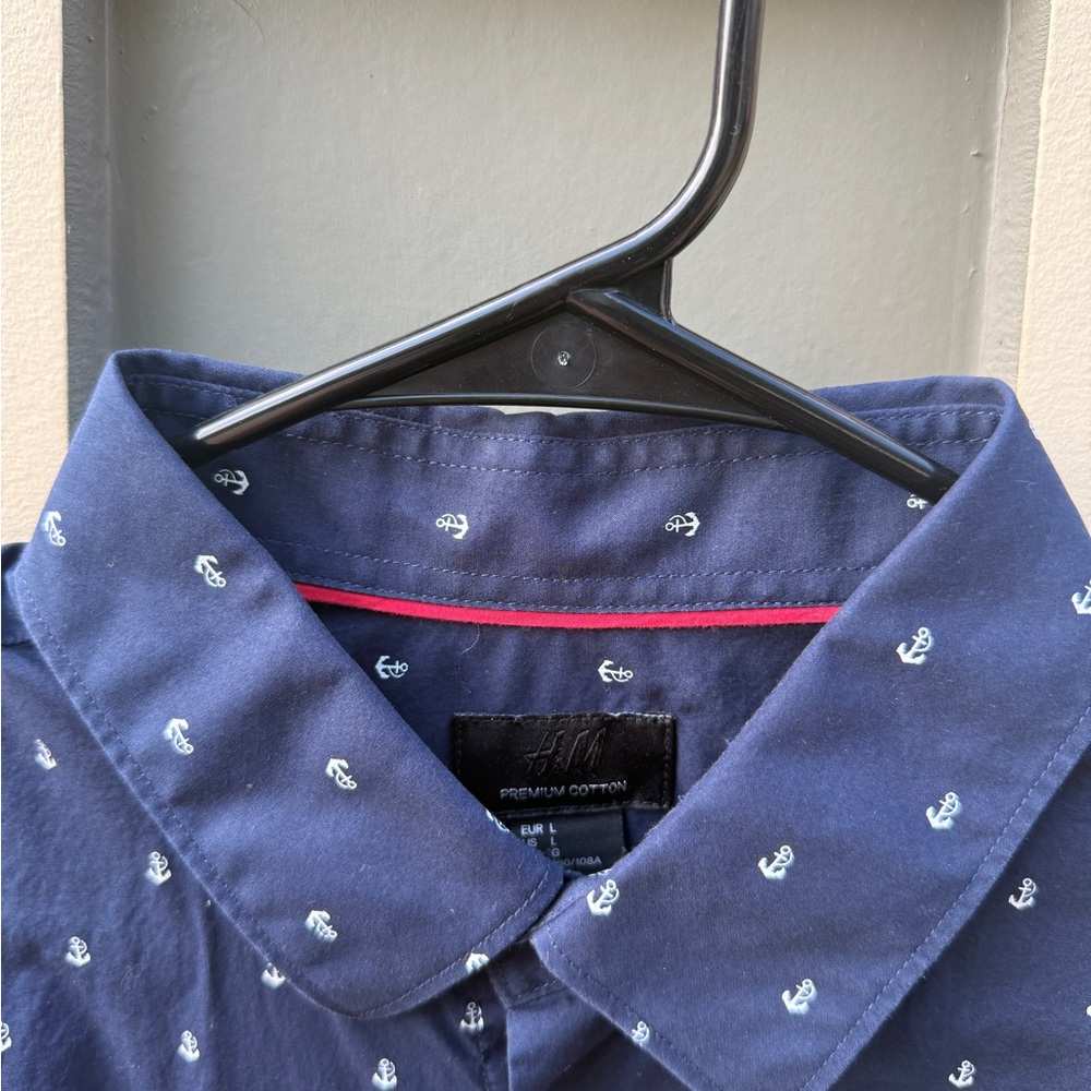 H&M Premium Cotton Navy Anchor Print Men's Shirt Regular Fit